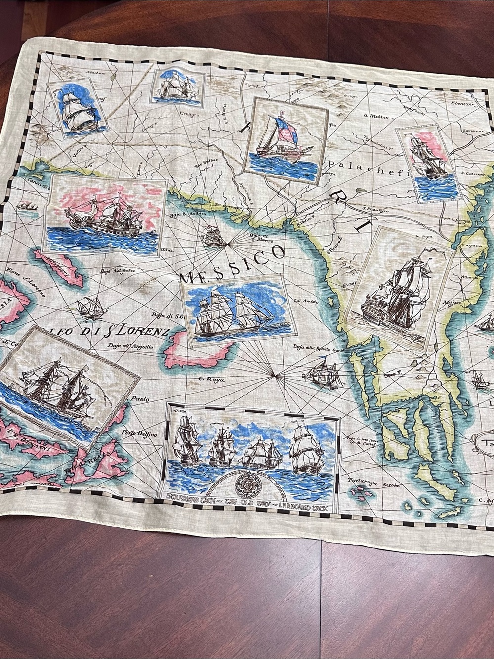 VTG Talbots Cotton Square Scarf Nautical Old World Map Sailing Coastal Maritime